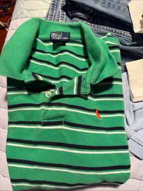 Polo by Ralph Lauren Green Navy White Striped Polo with Orange Pony